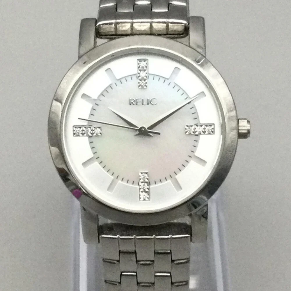 Relic Womens Watch 32mm MOP Crystals Silver Tone Bracelet New Battery 6.5